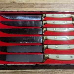 Vintage Neiman Marcus 6 Steak Knife  Set White Handle Made in France